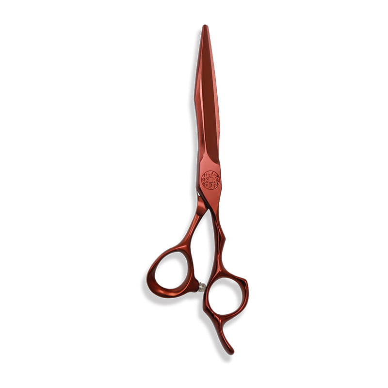 Serie di cesoie per taglio di capelli CNC professionali interamente rosse con foro cieco
